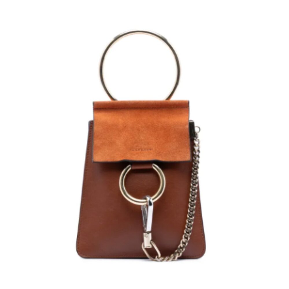 Chloé Faye Mini Bracelet Bag Brown Leather Suede Ring Chain Crossbody